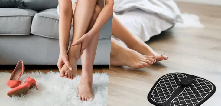 collage woman rubbing her feet after having taken off her high heels and a close up of woman's feet after a treatment with FootScape EMS
